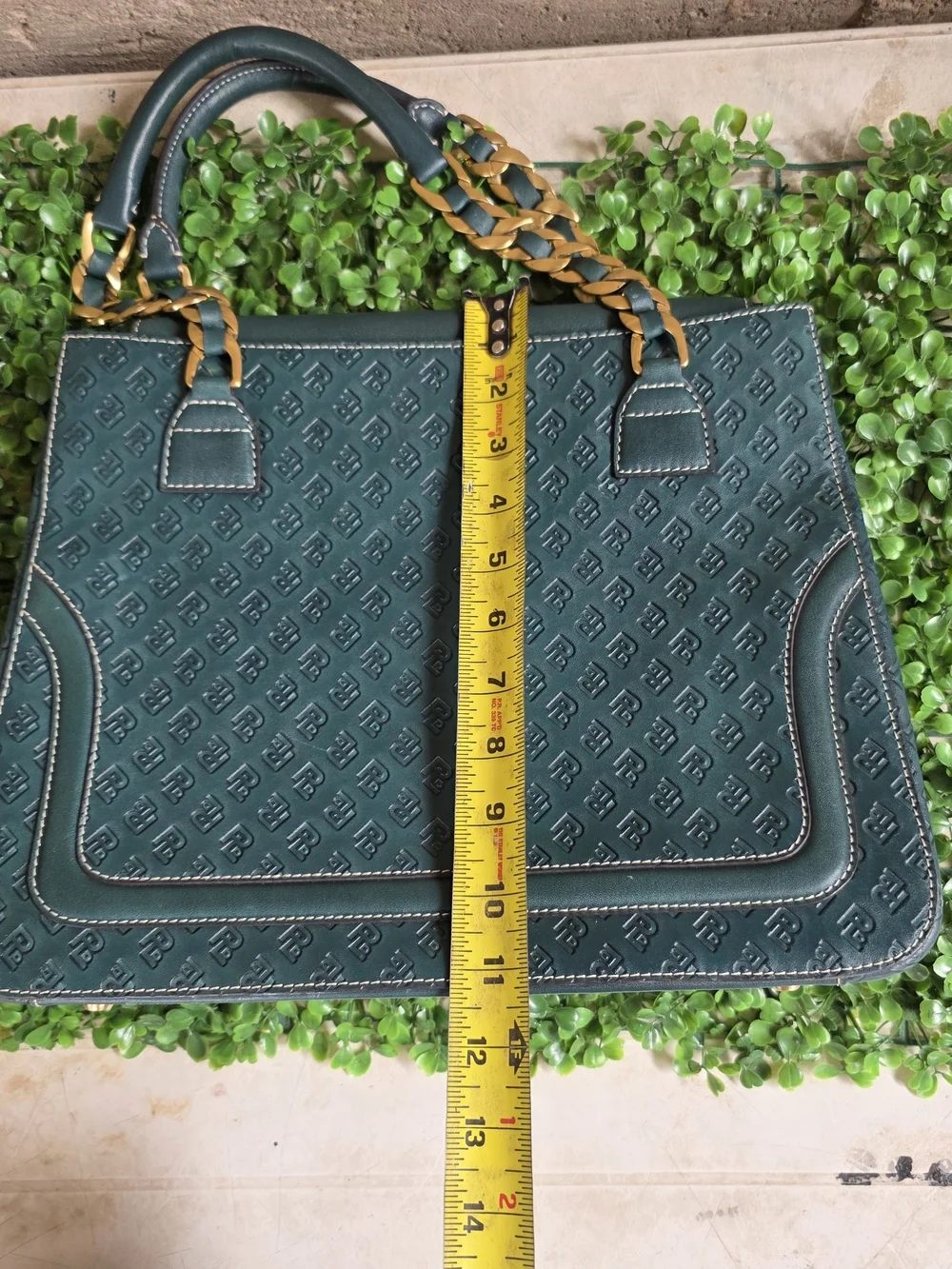 POWERLAND Forest Green Embossed Monogram Tote Bag Gold Chain Straps